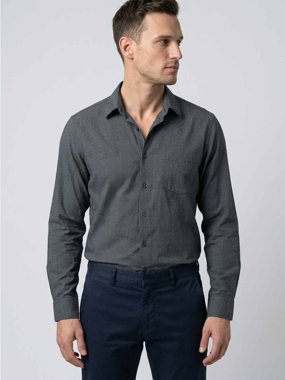 John Varvatos Men’s Dk Gray Monochrome Grid Pattern Check Office Shirt Size M
